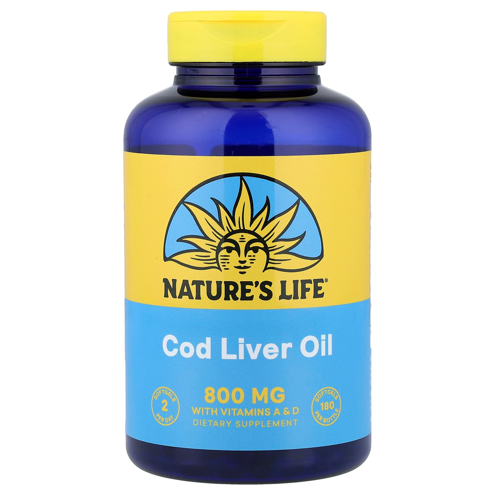 Nature's Life, жир печени трески с витаминами A и D, 180 капсул