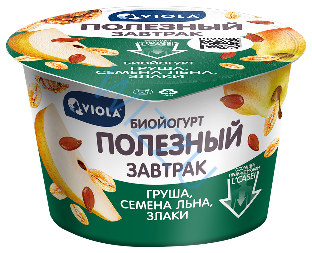 Биойогурт «Полезный завтрак» Viola, с грушей, грецким орехом, злаками и семенами льна. МДЖ 5,0%. 180г