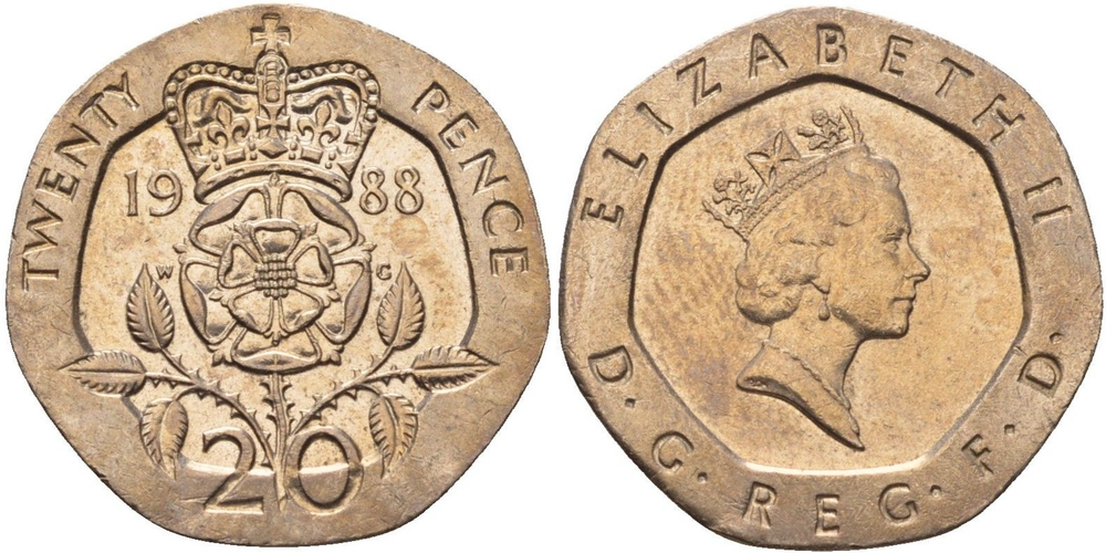 Великобритания 20 пенсов, 1987 Королева Елизавета II XF