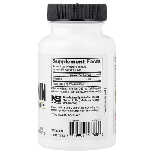 NutraBio, Мелатонин, 120 капсул (3 мг в каждой капсуле)