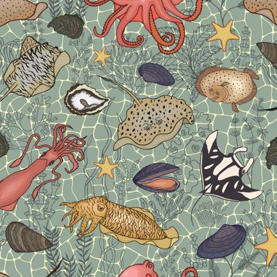 Sea animals and seaweed seamless pattern.
