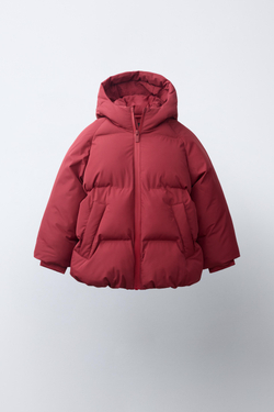 ZARA СТЕГАНОЕ ПАЛЬТО С КАПЮШОНОМ WATER REPELLENT, ТЕМНО-РОЗОВЫЙ
