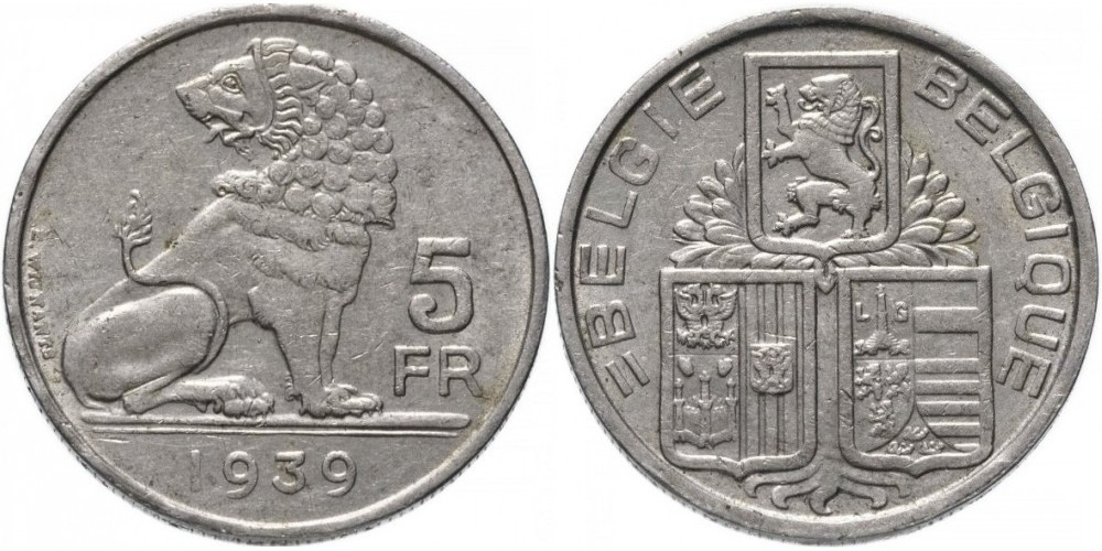 Бельгия 5 франков, 1939 BELGIE - BELGIQUE XF