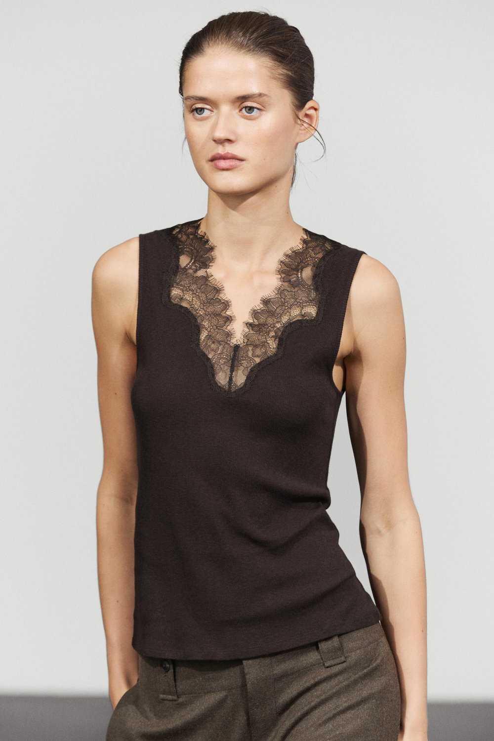 Massimo Dutti Топ в бельевом стиле из смесового хлопка, коричневый