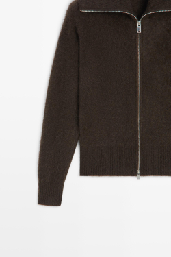 Massimo Dutti Трикотажный кардиган с начёсом и высоким воротником, коричневый