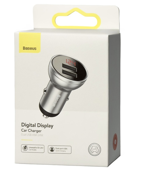 Автомобильное заряд. устр. Baseus Digital Display 2USB 4.8A 24W (CCBX-0S) серебристое