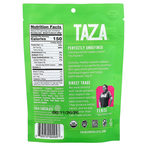 Taza Chocolate, кешью в шоколаде, 55% какао, 99 г (3,5 унции)