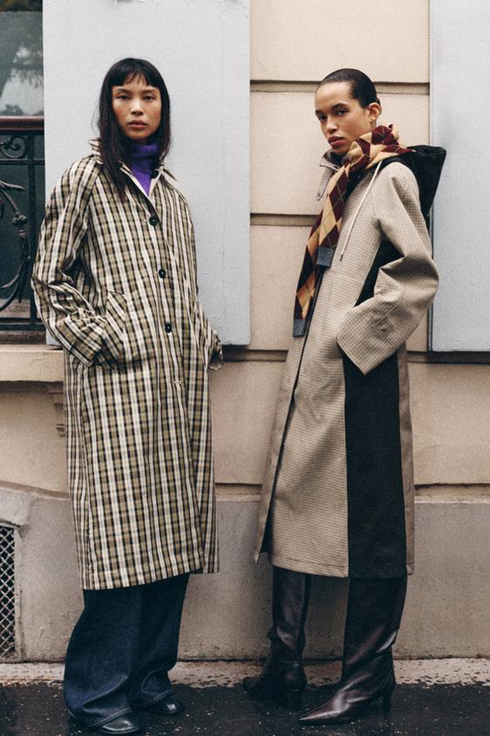 ZARA ДЛИННЫЙ ТРЕНЧ В КЛЕТКУ — ZW COLLECTION, КОРИЧНЕВЫЙ/БЕЛЫЙ