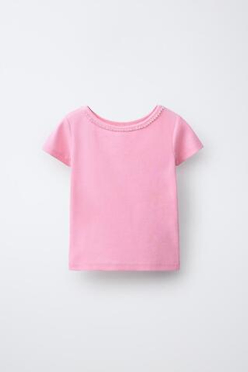 ZARA ФУТБОЛКА В РУБЧИК СО СТРАЗАМИ, РОЗОВЫЙ