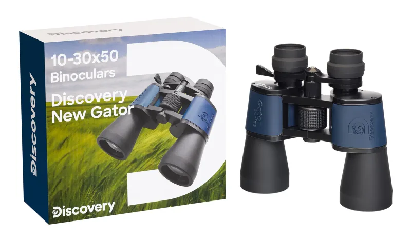 Бинокль Levenhuk Discovery New Gator 10–30x50 упаковка и продукт, серо-синий корпус