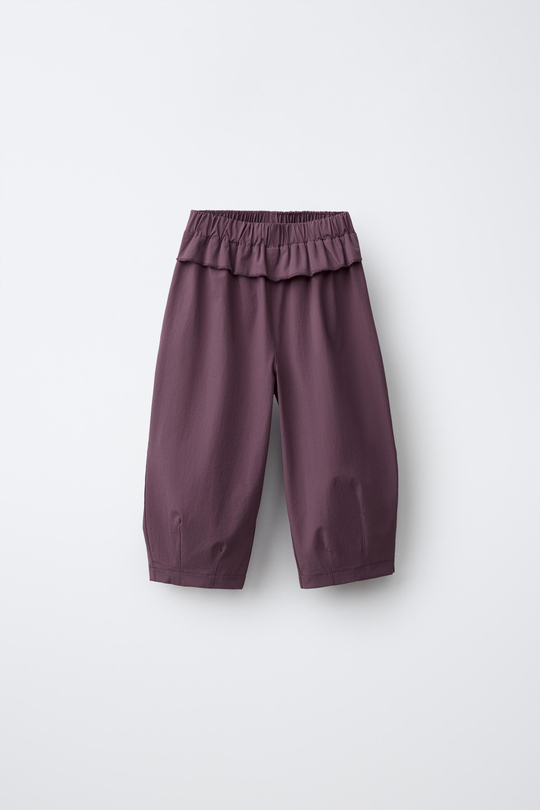 ZARA БРЮКИ BALLOON ИЗ ТЕХНИЧЕСКОЙ ТКАНИ С ОБОРКОЙ, БАКЛАЖАННЫЙ