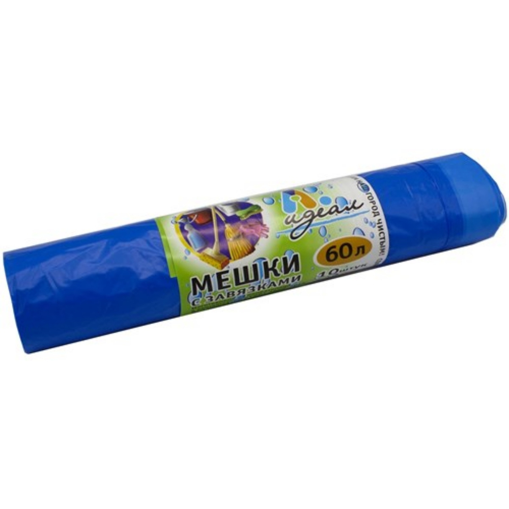 Мешки д/мусора 60л 60*70 с завязкой голубые (10шт/рулон) Идеал 1/45
