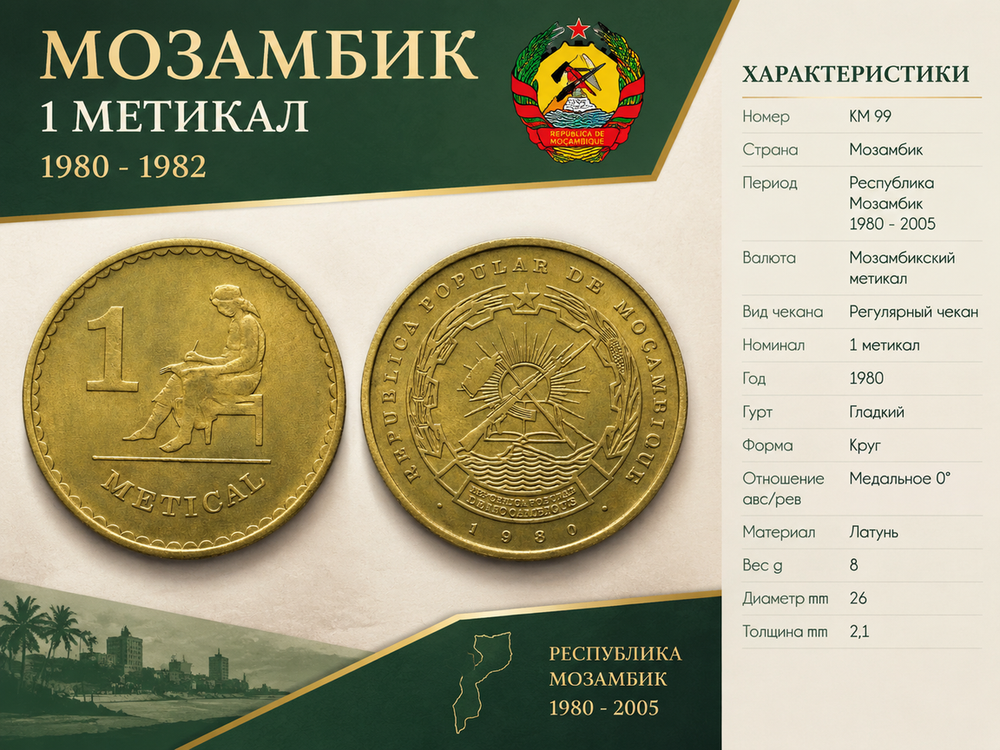 Мозамбик 1 метикал, 1980 Герб XF