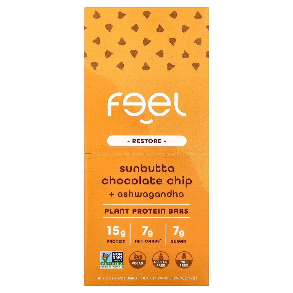 The Feel Bar, Restore, батончики с растительным протеином, Sunbutta, с шоколадной крошкой и ашвагандой, 10 батончиков по 57 г (2 унции)