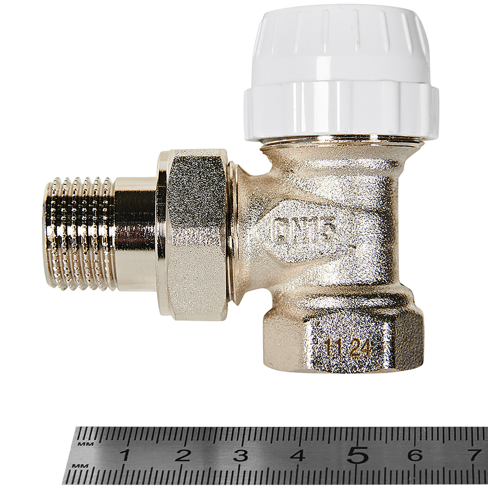 Клапан термостатический угловой ROMMER - 1/2" (ВР/НР-американка, PN10, Tmax 110°C)