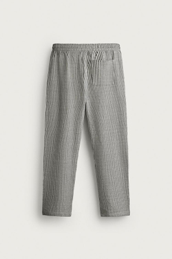 ZARA КОНТРАСТНЫЕ БРЮКИ SEERSUCKER RELAXED FIT, ЭКРЮ/ТЕМНО-СИНИЙ