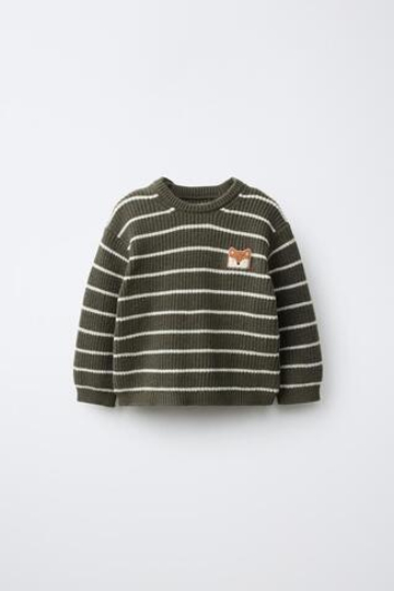 ZARA ДЖЕМПЕР В ЖЕМЧУЖНУЮ ВЯЗКУ С НАШИВКОЙ, ХАКИ