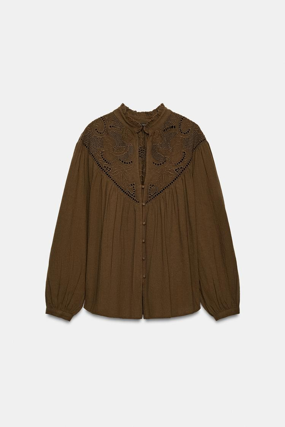 ZARA БЛУЗА С АЖУРНОЙ ВЫШИВКОЙ, ХАКИ