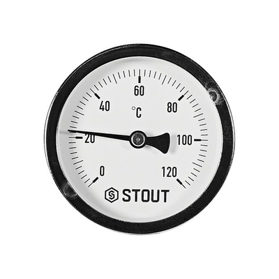 Термометр биметаллический аксиальный STOUT- 1/2" (D63 мм, шкала 0-120°C, с гильзой 75 мм)