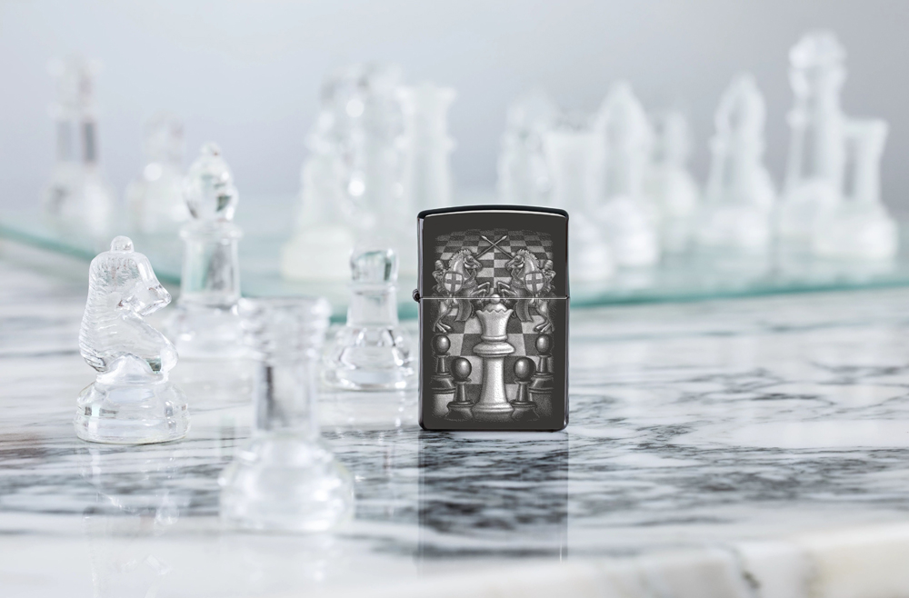 Зажигалка Zippo Chess Design с покрытием High Polish Black, латунь/сталь, черная, 38x13x57 мм
