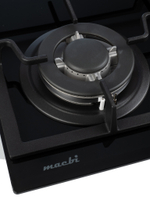 Газовая варочная панель шириной 60 см, Macbi MBH64WFGL.V1 (Model 2024) с Wok-конфоркой, Чёрное закаленное стекло, Электроподжиг, Газ-контроль, Решетки из чугуна