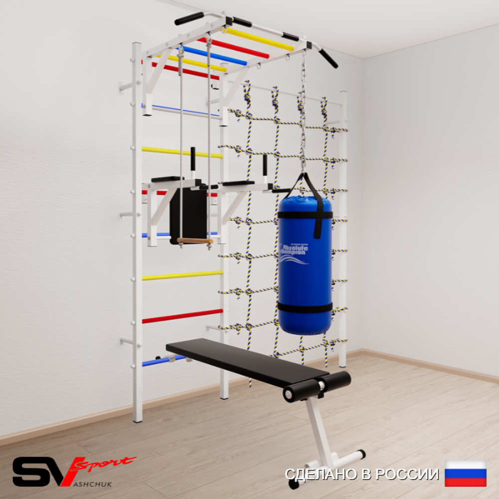 Шведская стенка Sv Sport 55330 (Турник рукоход/Брусья/Скамья/Трапеция/Цепь/Мешок 30кг/Канатный лаз)