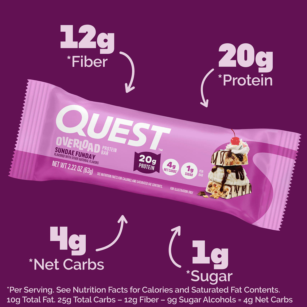 Quest Nutrition, Overload Protein Bar, Sundae Funday, 12 батончиков (63 г (2,22 унции))