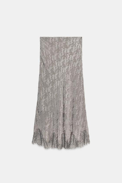 ZARA ЖАККАРДОВАЯ ЮБКА С КРУЖЕВОМ — ZW COLLECTION, СЕРЫЙ МЕЛАНЖ