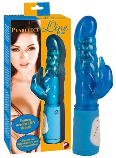 Синий вибратор PEARLFECT LINE с клиторальным дельфинчиком - 24,5 см. (Цвет: синий)