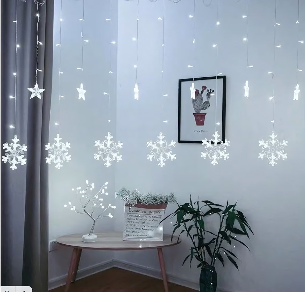 Гирлянда новогодняя светодиодная СНЕЖИНКИ ДОЖДЬ/ШТОРЫ 3 м, 12 нитей длиной 90-60 см , свечение - холодный белый, 8 режимов