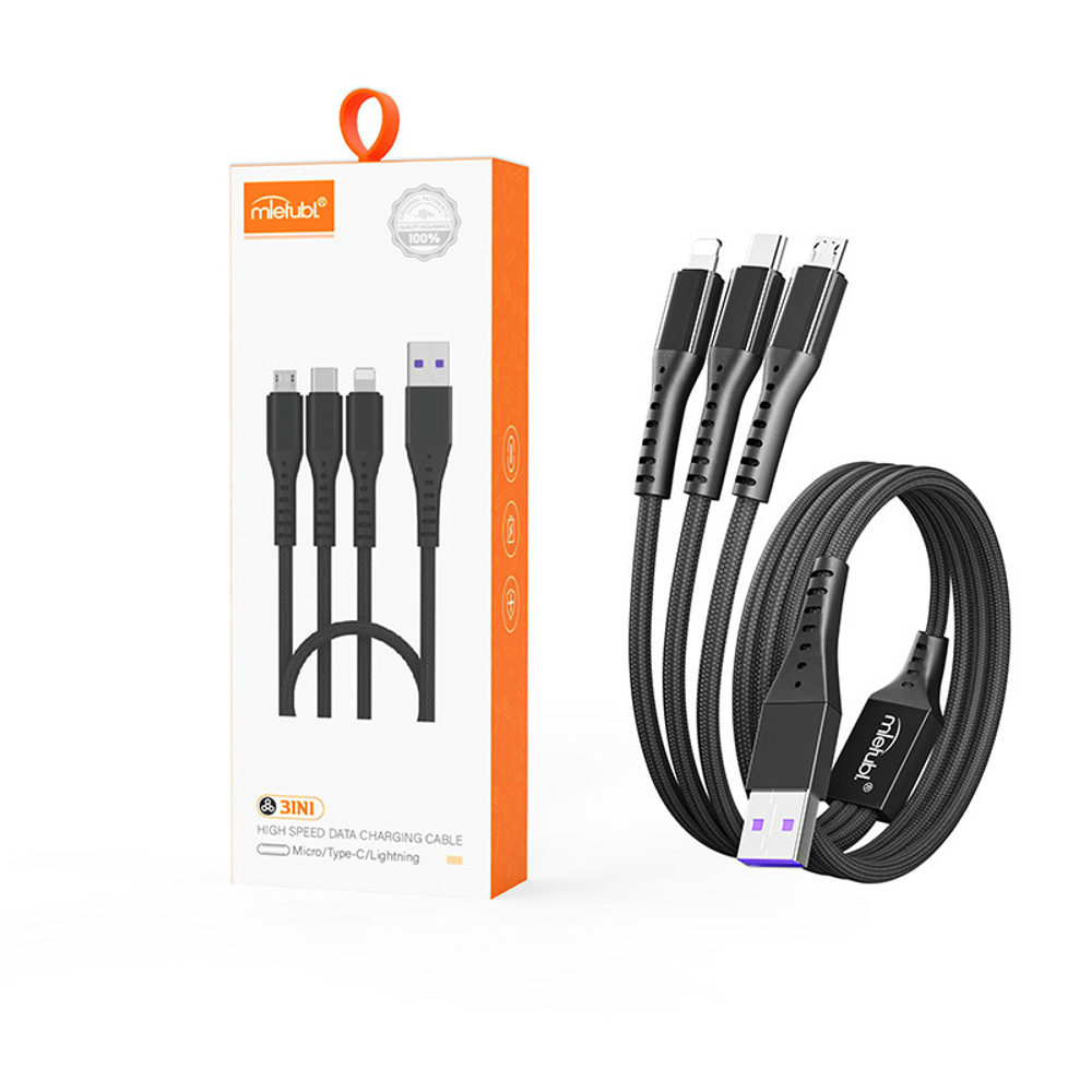 Кабель 3-in-1 Mietubl MTB-DCODT03 MicroUSB+Lightning+Type-C 66W 3A 1.2м Nylon Black