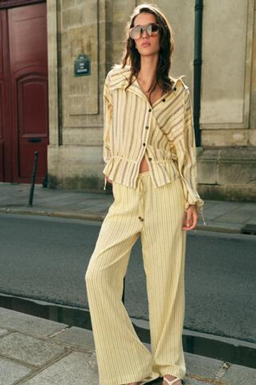 ZARA БРЮКИ ИЗ СМЕСОВОГО ЛЬНА В ПОЛОСКУ, ЖЕЛТЫЙ