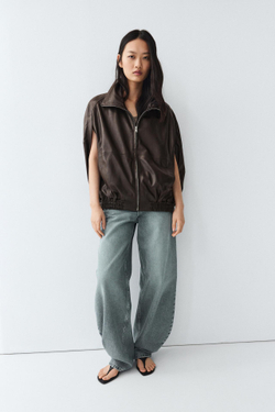 Massimo Dutti Жилет-бомбер из кожи наппа, коричневый