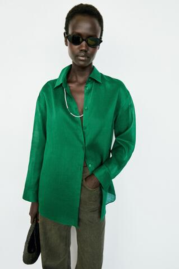 Massimo Dutti Удлиненная струящаяся рубашка из 100% рами, зеленый