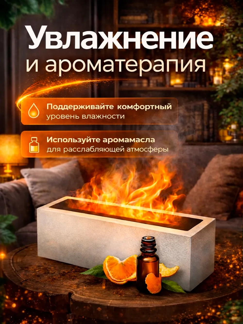 Увлажнитель воздуха с эффектом пламени, с ароматизатором