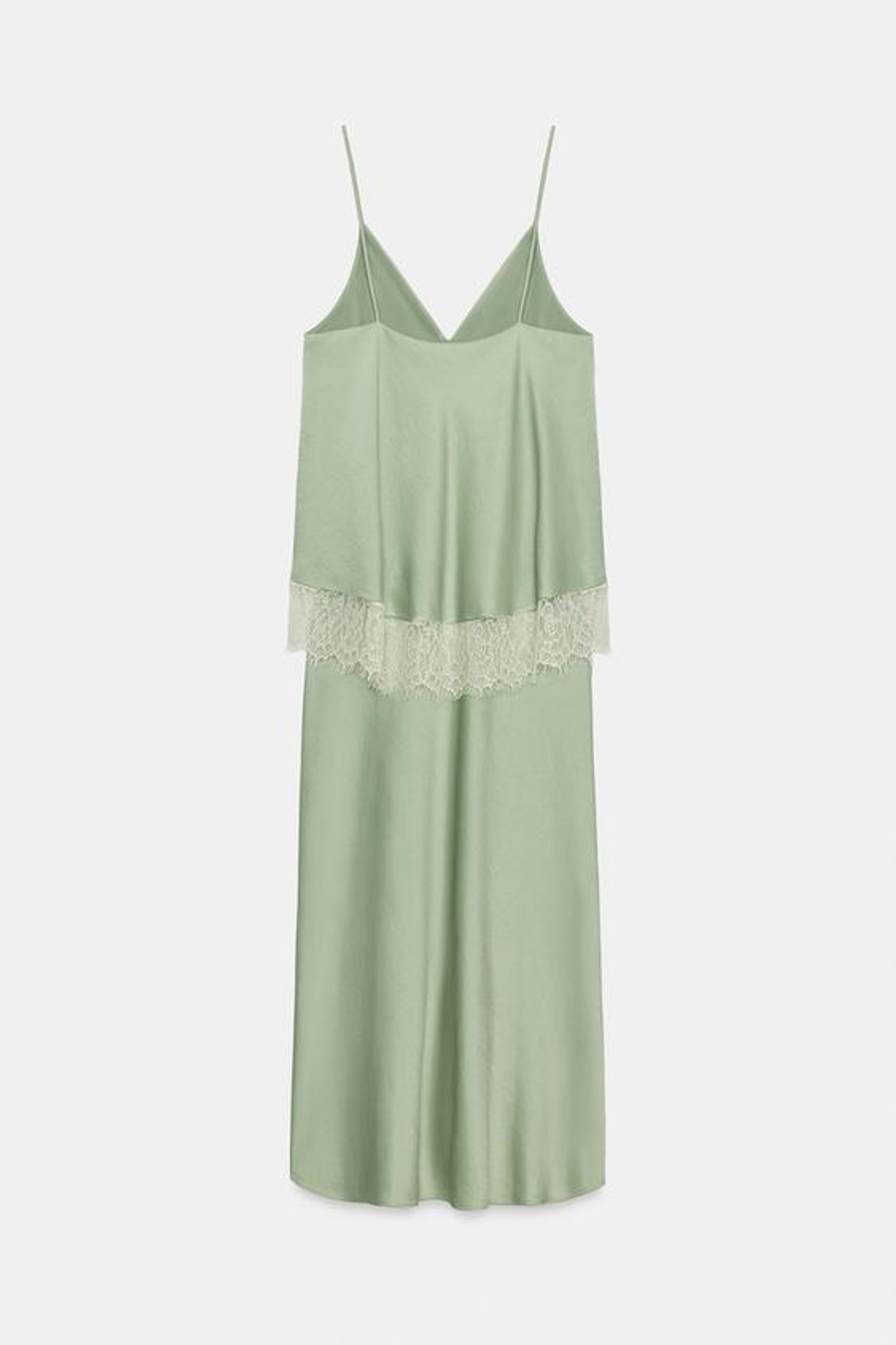 ZARA КОМБИНИРОВАННОЕ ПЛАТЬЕ-КОМБИНАЦИЯ МИДИ С КРУЖЕВОМ, СВЕТЛЫЙ ХАКИ