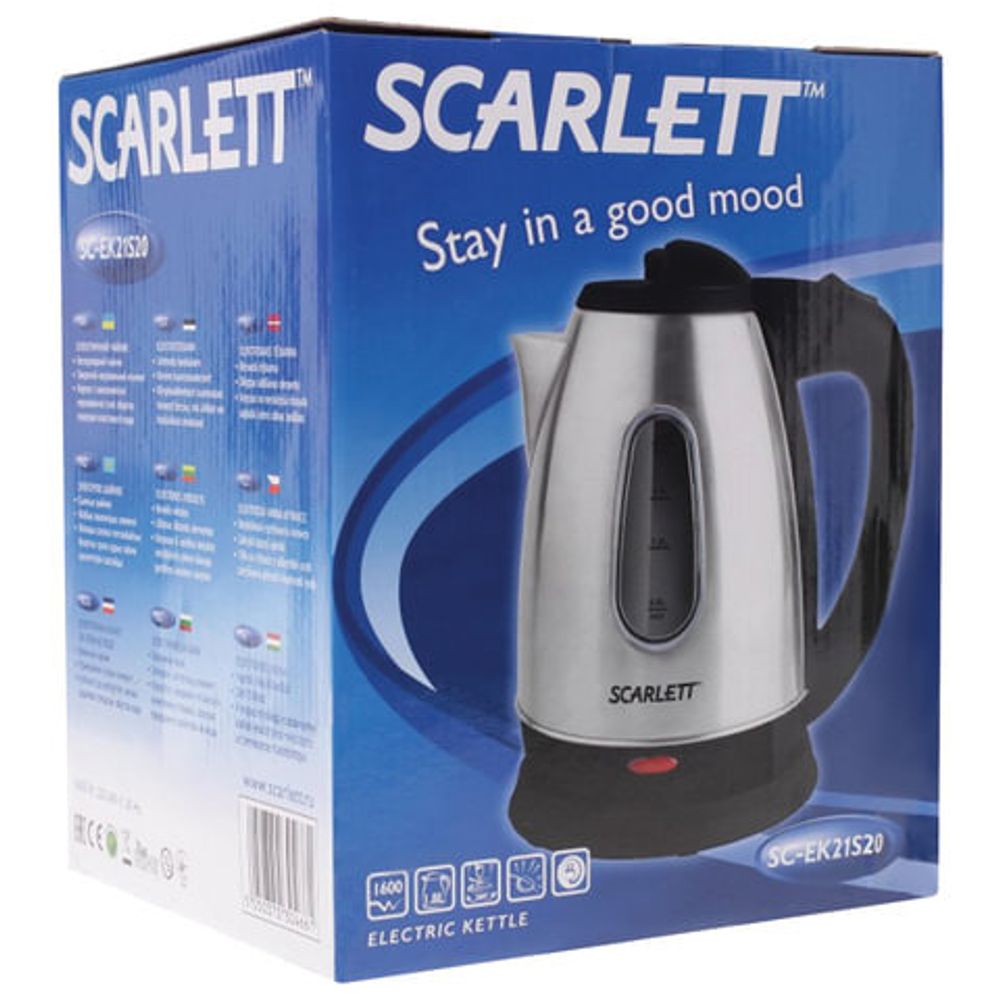 Чайник SCARLETT SC-EK21S20, 1,8 л, 1600 Вт, закрытый нагревательный элемент, сталь