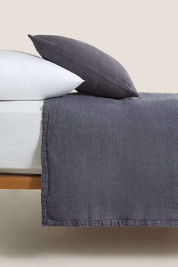 ZARA HOME ПОКРЫВАЛО ИЗ ПОСТИРАННОГО ЛЬНА, ТЕМНО-СИНИЙ