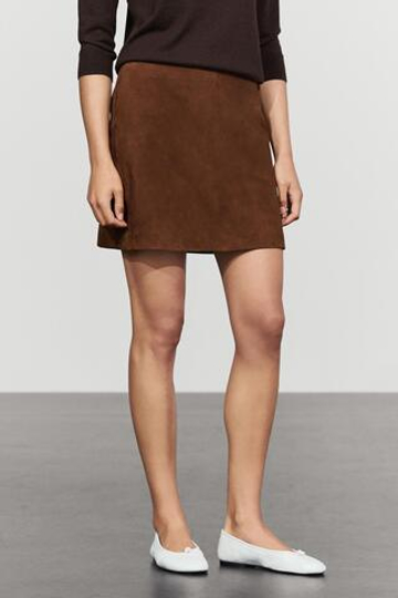 Massimo Dutti Мини-юбка из замшевой кожи, кротово-коричневый