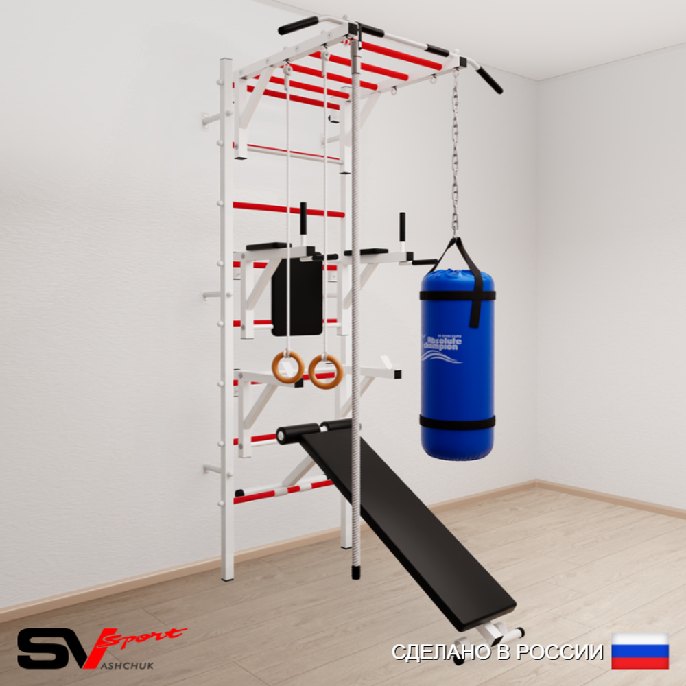 Шведская стенка Sv Sport усиленная 6641 (Турник рукоход/Брусья/Стойка/Скамья/Канат/Кольца/Цепь/Мешок 15кг)