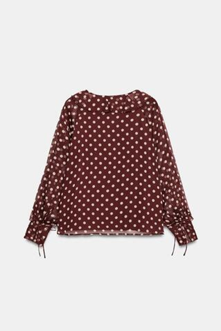 ZARA БЛУЗА С ВОЛАНАМИ И ПРИНТОМ В ГОРОХ, ЭКРЮ/ГРАНАТОВЫЙ
