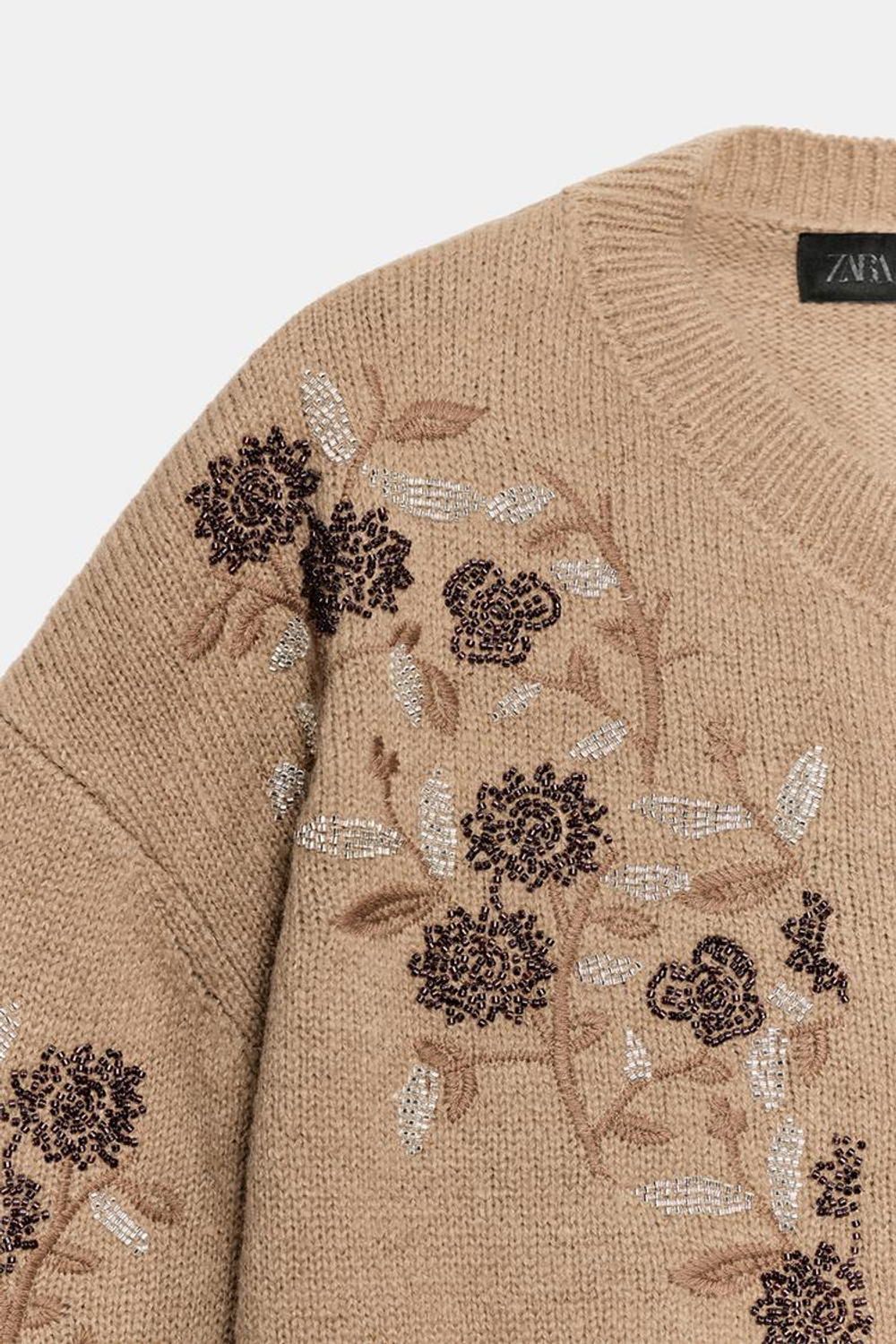ZARA ТРИКОТАЖНЫЙ КАРДИГАН С ВЫШИВКОЙ И БУСИНАМИ, РЫЖЕВАТО-КОРИЧНЕВЫЙ