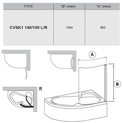Шторка для ванны Ravak CVSK1 ROSA 140/150 R, профиль хром, стекло прозрачное