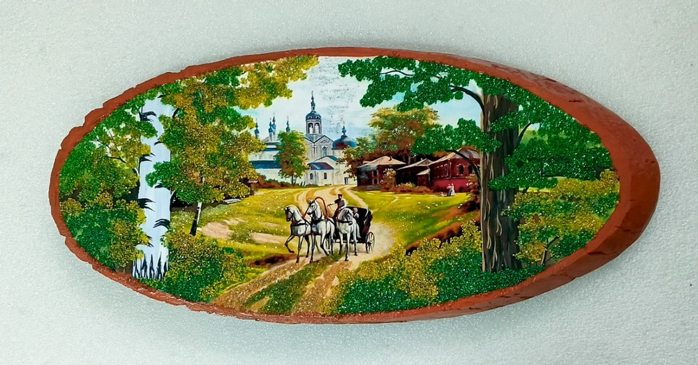Панно на срезе дерева " русская тройка" 62-67см