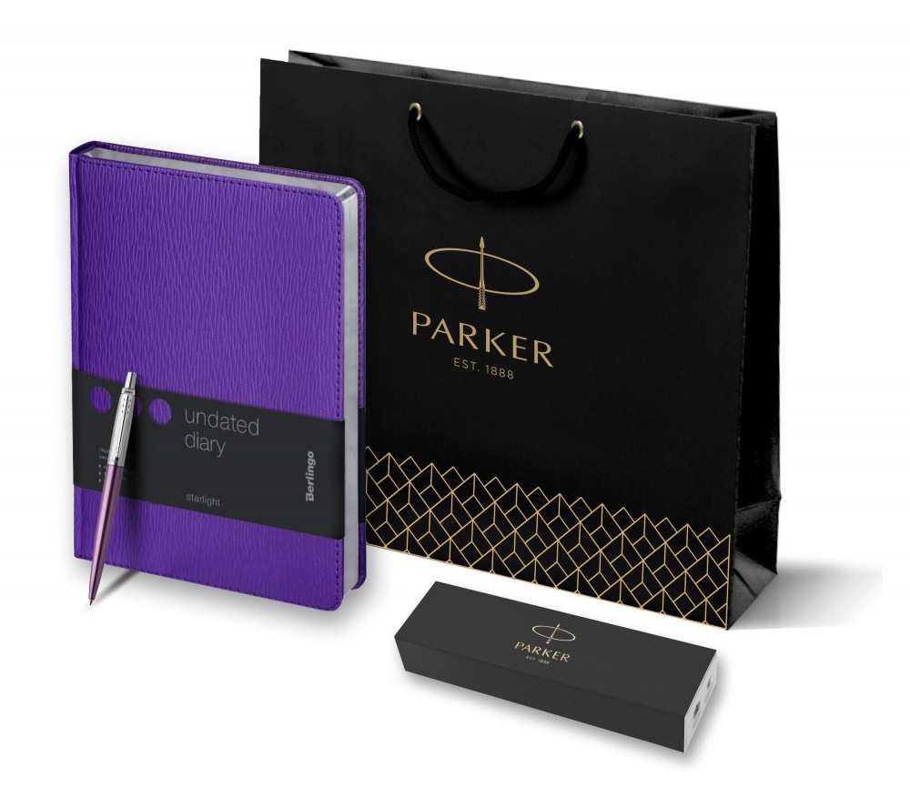 Подарочный набор: Шариковая ручка Parker Jotter Essential, Victoria Violet CT и Ежедневник недатир., серебр. срез, фиолетовый