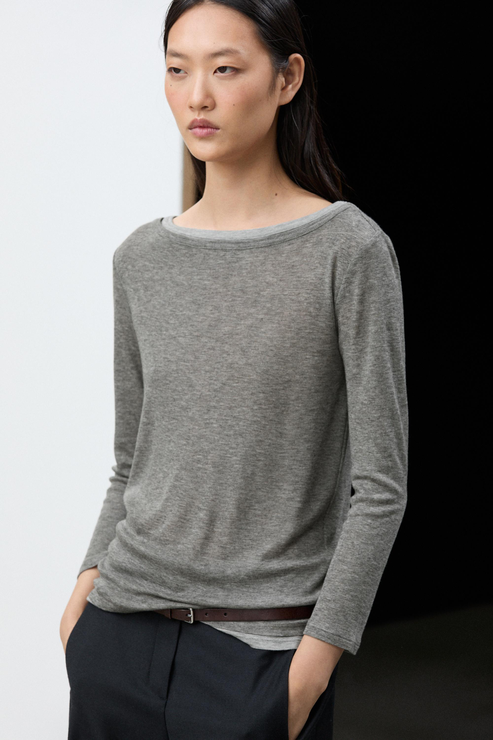 Massimo Dutti Футболка с двойным вырезом лодочкой, серый меланж