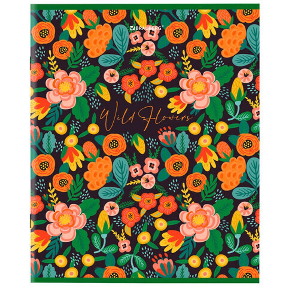Тетрадь А5, 96 л., BRAUBERG, скоба, клетка, глянцевая ламинация, "Wild Flowers", 404429, 5шт