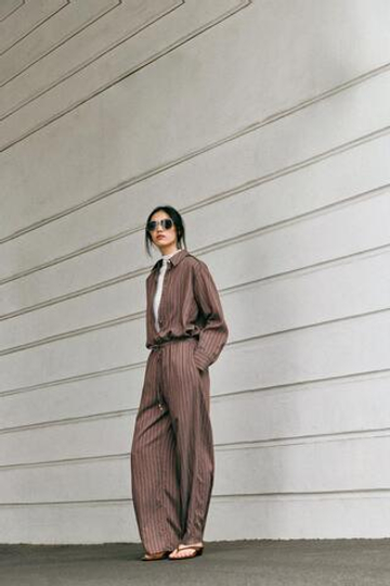 ZARA ШИРОКИЕ БРЮКИ В ПОЛОСКУ, КОРИЧНЕВЫЙ/ЭКРЮ