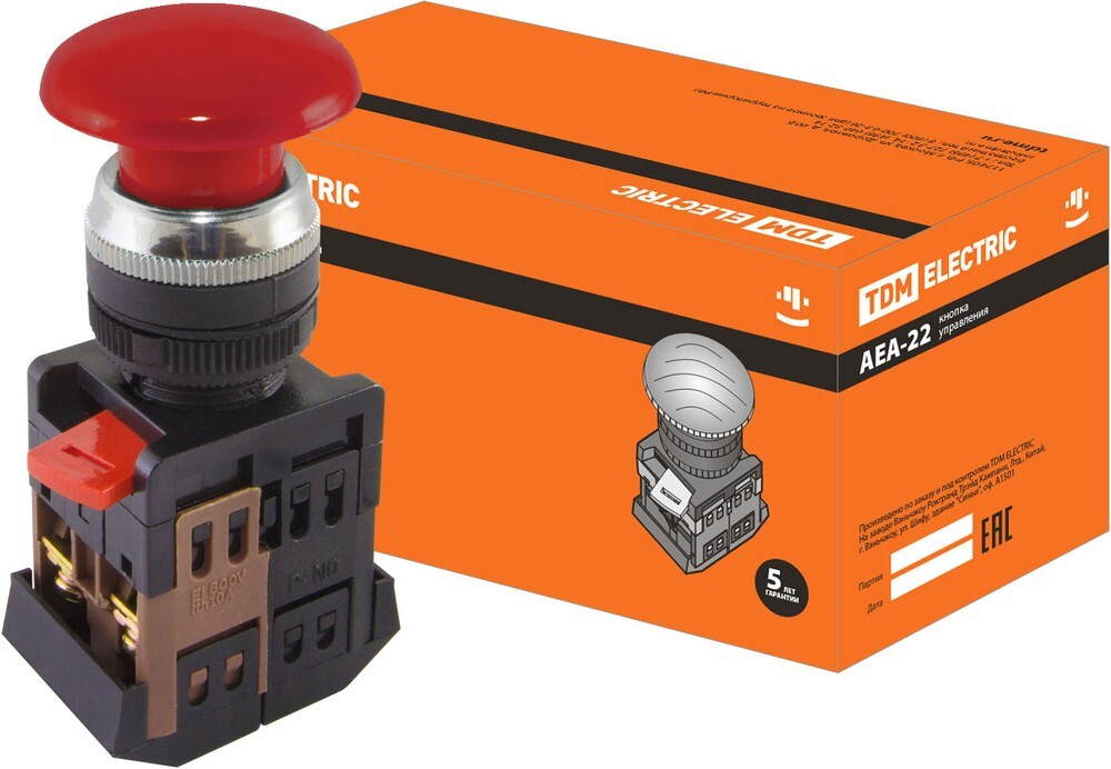 Кнопка "Грибок" AEА-22  красный d22мм 1з+1р TDM SQ0704-0015