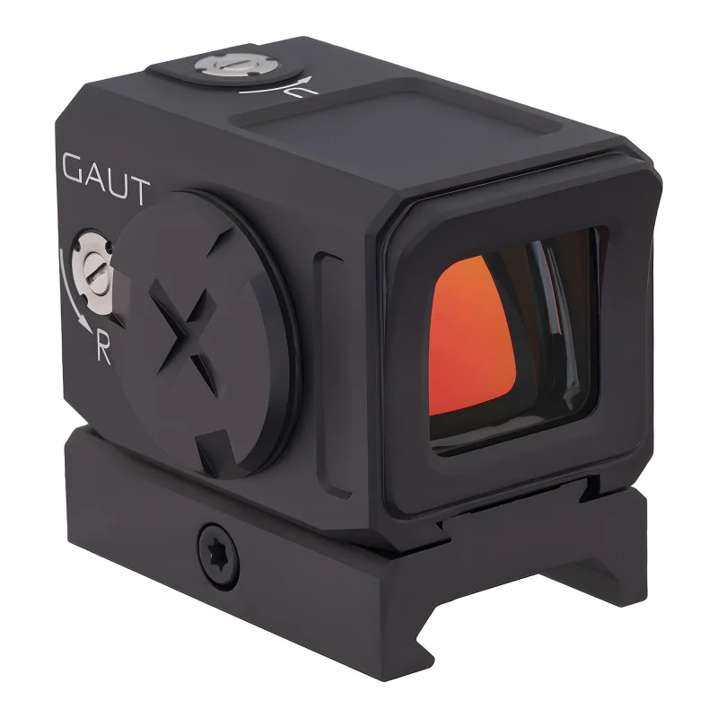 Коллиматор Gaut Tourmaline 1x20x18, закрытый, точка 3 МOA красная, Weaver - вид спереди слева на объектив